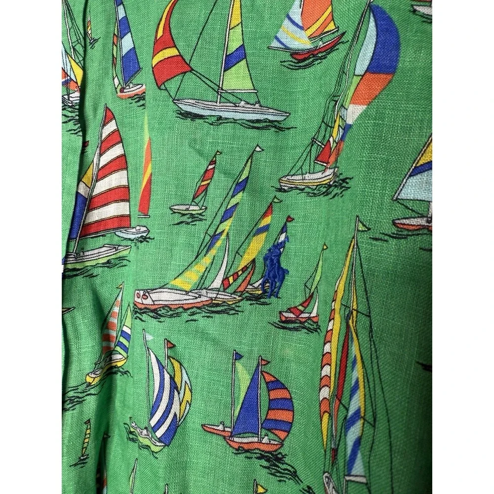 Polo Ralph Lauren Men Shirt 100% Linen‎ Sail Boat Short Sleeve Button Up Size LT